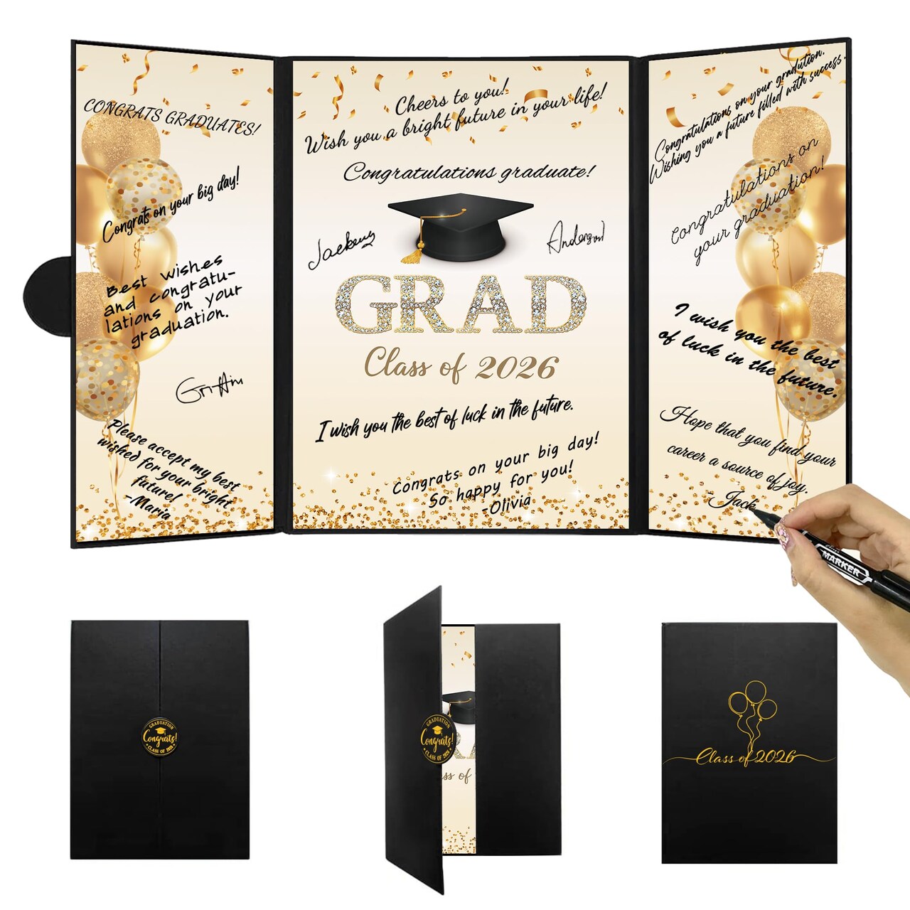 Black Gold Graduation Party Decorations, Class of 2026 Congratulations Graduates Alternative Signature Guest Book for Men Women Happy Graduation Gifts Congrats Grad Party Signing Card Board